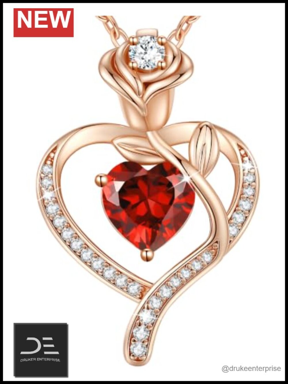 925 Sterling Silver Rose Heart Birthstone Pendant Necklace Women's Jewelry